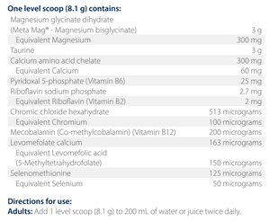 The back of supplement container listing the ingredients including Magnesium bisglycinate, Taurine, Calcium amino acid chelate, p5p, Pyridoxal 5-phosphate, vitamin b6, Riboflavin, Chromium, cyancobalamin, calcium folinate, folinic acid, selenomethione, selenium