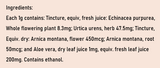 Supplement facts for Burns and Bites Cooling Gel listing ingredients including Aloe Vera, Arnica montana, Echinacea Angustifolia, Echinacea purpurea, Ethanol