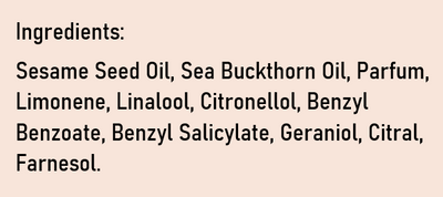 Supplement facts for Revitalising Body Oil - Sea Buckthorn listing ingredients including Limonene, Linalool, Sea buckthorn (Hippophae rhamnoides)