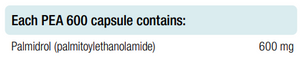 Supplement facts for PEA 600 listing ingredients including Palmitoylethanolamide (PEA / Palmidrol)
