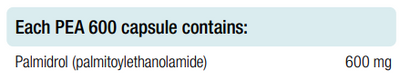 Supplement facts for PEA 600 listing ingredients including Palmitoylethanolamide (PEA / Palmidrol)
