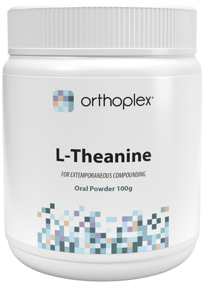 A supplement container of L-Theanine 100g by Orthoplex