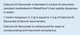 Text listing the ingredients including Calcium D-Glucarate, Meta Fibre, Calcium saccharate