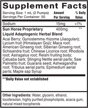 Supplement facts for NanoMojo® Adaptogenic Blend - Liposomal listing ingredients including Acai Berry, American Ginseng, Ashwagandha, Astragalus, Catuaba Bark