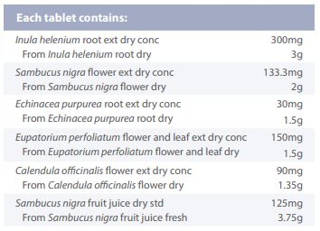 Supplement facts for ImmunoForte 60T listing ingredients including Boneset, Calendula Extract, Echinacea Angustifolia, Echinacea purpurea, Elderberry (Sambucus nigra)