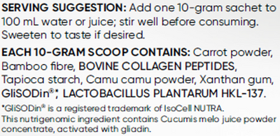 Supplement facts for EnduraDERM listing ingredients including Bamboo extract, Bovine Collagen Peptides, Camu camu, Carrot extract, Cucumis melo