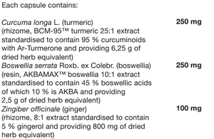 Supplement facts for Curcumin Fortified listing ingredients including Acetyl-keto-β-Boswellic acid (AKBA), Beta-Turmerone, Curcuma Longa BCM-95, Curcuminoid, Ginger