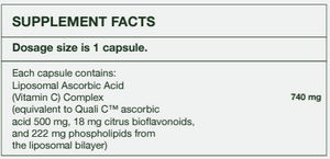 Supplement facts for Vitamin C Complete 60c listing ingredients including Citrus Bioflavonoids, Phospholipids, Vitamin A, Vitamin C