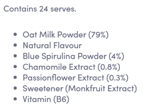 Supplement facts for Unwind Latte listing ingredients including Chamomile, Matricaria Recutita, Monk Fruit Extract, Oat, Passionflower (Passiflora incarnata)