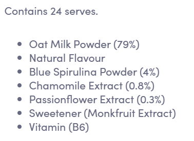 Supplement facts for Unwind Latte listing ingredients including Chamomile, Matricaria Recutita, Monk Fruit Extract, Oat, Passionflower (Passiflora incarnata)