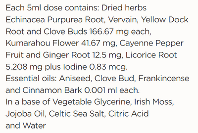 Supplement facts for Immune Tonic listing ingredients including Aniseed, Cinnamomum cassia, Cinnamon, Citric Acid, Clove bud