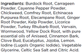 Supplement facts for Energy Elixir 250ml listing ingredients including Aniseed, Burdock extract, Cayenne Pepper, Chickweed Extract, Cinnamon