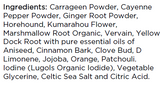 Supplement facts for Detox Support listing ingredients including Althaea officinalis, Aniseed, Blood orange, Carrageenan, Cayenne Pepper