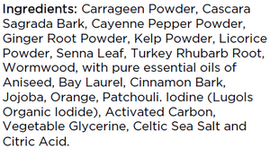 Supplement facts for Bowel Cleanse listing ingredients including Aniseed, Cayenne Pepper, Cinnamon, Citric Acid, Ginger