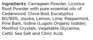 Supplement facts for Chest Clear listing ingredients including Carrageenan, Cedarwood Oil, Citric Acid, Clove bud, Glycine