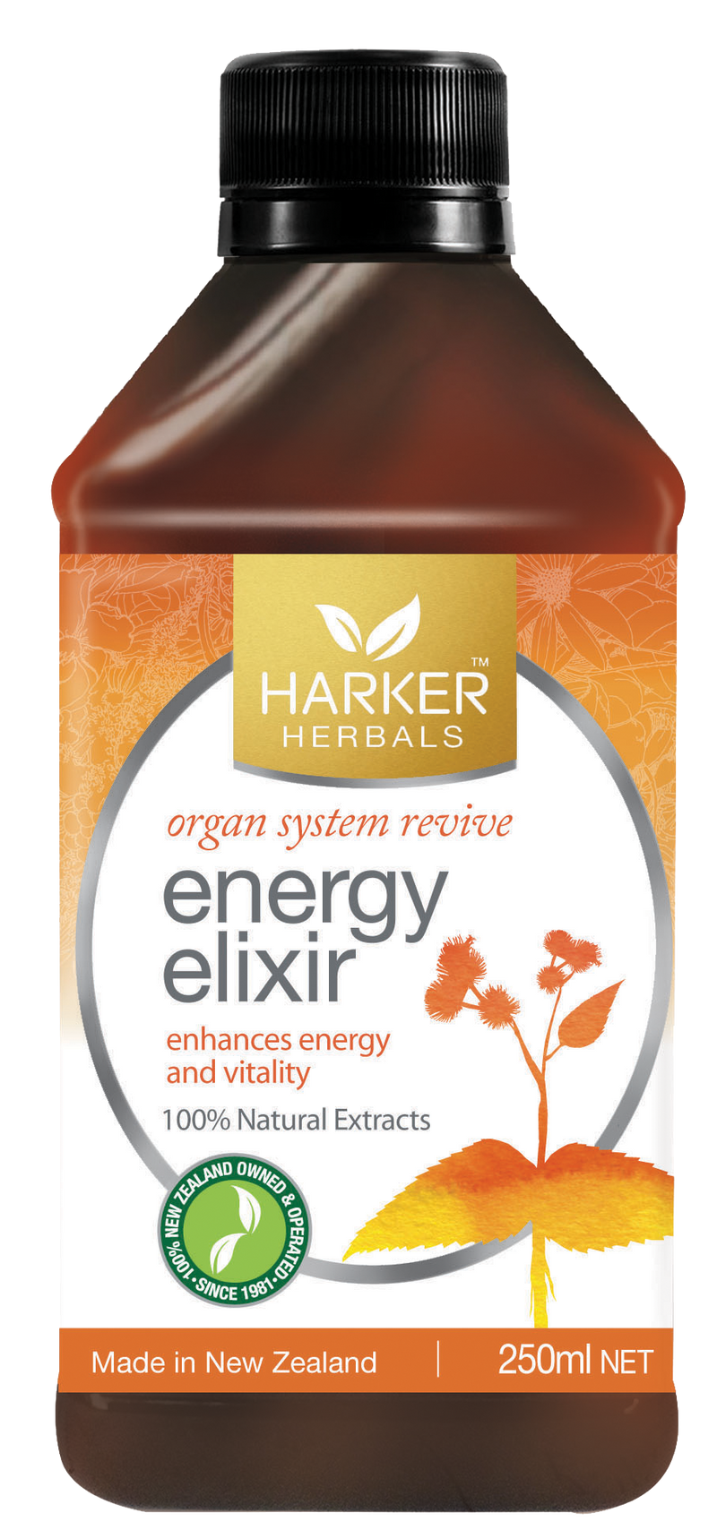 A supplement container of Energy Elixir 250ml by Harker Herbals