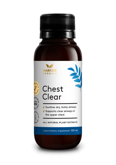 A supplement container of Chest Clear by Harker Herbals