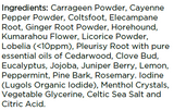 Supplement facts for Deep Lung Support listing ingredients including Cayenne Pepper, Cedarwood Oil, Citric Acid, Clove bud, Elecampane