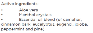 Supplement facts for Cooling Itch 100ml listing ingredients including Aloe Vera, Cinnamomum cassia, Cinnamon, Eucalyptus Oil, Jojoba Oil