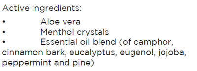 Supplement facts for Cooling Itch 100ml listing ingredients including Aloe Vera, Cinnamomum cassia, Cinnamon, Eucalyptus Oil, Jojoba Oil