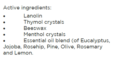 Supplement facts for Healing Balm 30ml listing ingredients including Beeswax, Eucalyptus Oil, Jojoba Oil, Lemon Extract, Menthol