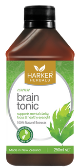 A supplement container of Brain Tonic 250ml by Harker Herbals