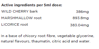 Supplement facts for Children's Chest Soothe (Night) 150ml listing ingredients including Althaea officinalis, Cherry, Chicory extract, Fibre, Glycine