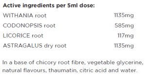 Supplement facts for Children's Immune Build listing ingredients including Ashwagandha (Withania somnifera), Astragalus, Codonopsis root, Glycyrrhiza glabra, Licorice extract