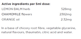 Supplement facts for Children's Calm & Sleep listing ingredients including Chamomile, Chicory extract, Citric Acid, Fibre, Glycine