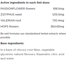 Supplement facts for Sleep Well listing ingredients including Chicory extract, Citric Acid, Fibre, Glycine, Helichrysum Hydrosol