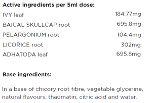 Supplement facts for Children's Deep Lung Support 150ml listing ingredients including Chicory extract, Citric Acid, Fibre, Glycine, Glycyrrhiza glabra