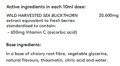 Supplement facts for Vitamin C listing ingredients including Ascorbic Acid, Chicory extract, Citric Acid, Fibre, Glycine