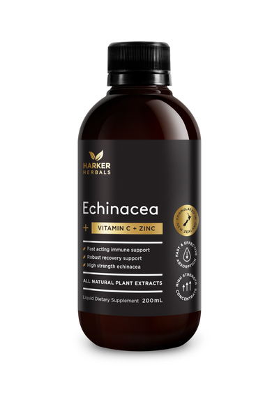 A supplement container of Echinacea Vitamin C + Zinc 200ml by Harker Herbals