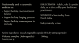 Supplement facts for Ashwagandha - 240 caps listing ingredients including Ashwagandha, Ashwagandha (Withania somnifera)