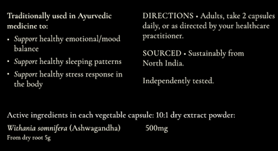 Supplement facts for Ashwagandha - 240 caps listing ingredients including Ashwagandha, Ashwagandha (Withania somnifera)