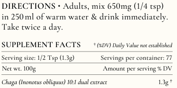 Supplement facts for Chaga listing ingredients including Chaga extract