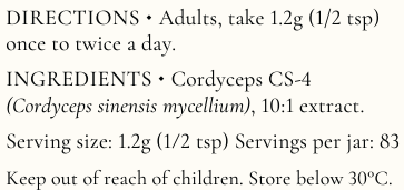 Supplement facts for Cordyceps listing ingredients including Cordyceps, Cordyceps sinensis