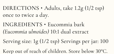 Supplement facts for Eucommia Bark