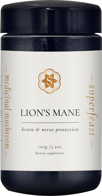 A supplement container of Lions Mane by SuperFeast