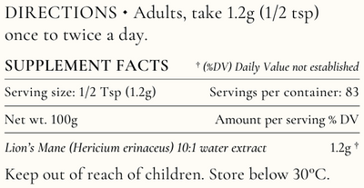 Supplement facts for Lions Mane listing ingredients including Hericium, Lion's Mane, Lion's mane