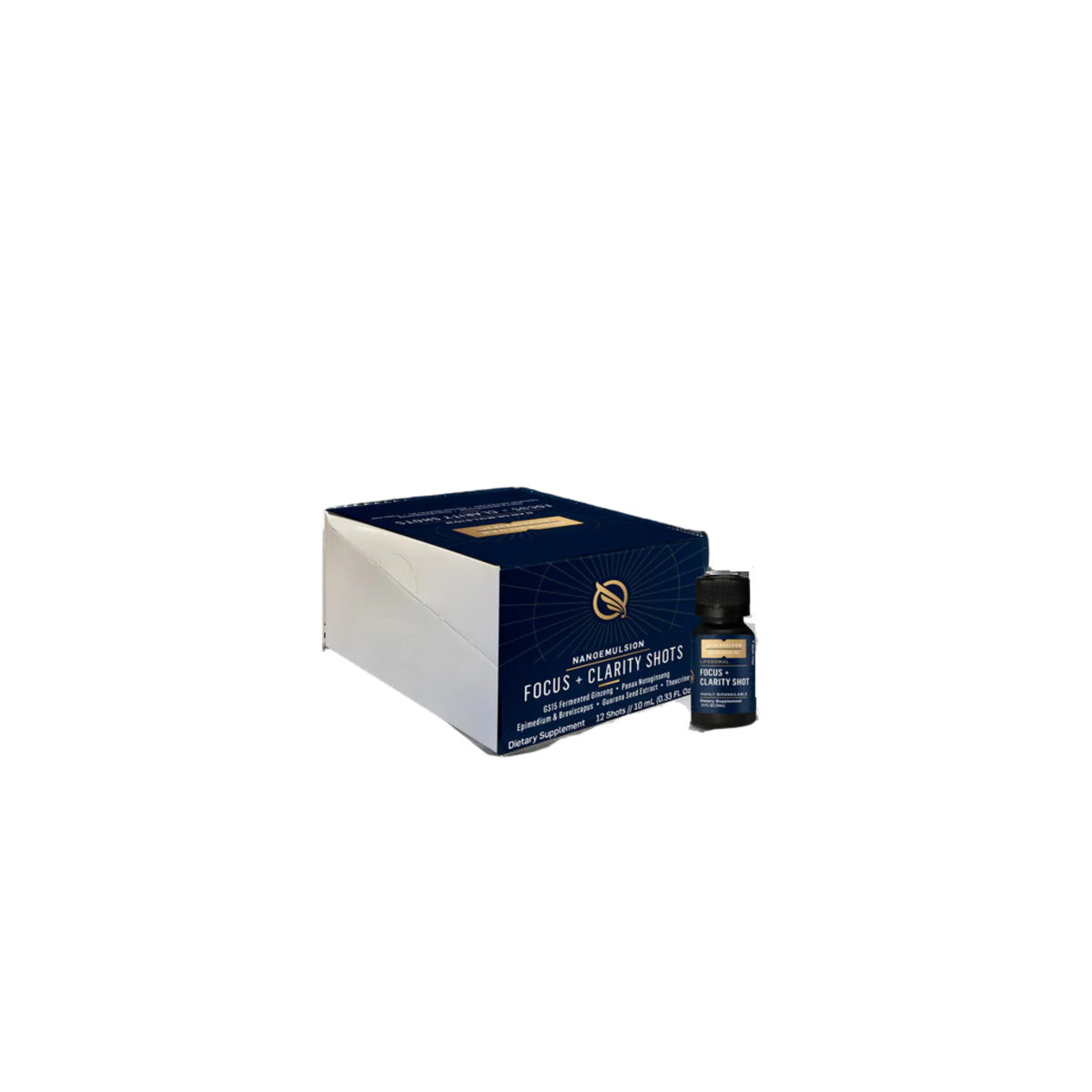 A supplement container of Focus + Clarity Shots by Quicksilver