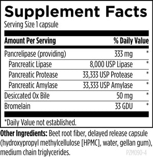 Supplement facts for Pancreatic Enzyme Complex™ listing ingredients including Amylase, Ananas comosus, Bromelain, Lipase, Ox Bile Extract