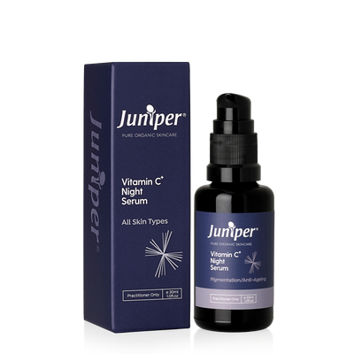 A supplement container of Vitamin C+ Night Serum 30ml by Juniper