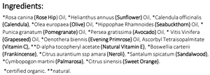 Supplement facts for Vitamin C+ Night Serum 30ml listing ingredients including Ascorbyl Palmitate, Avocado (Persea Gratissima), Boswellia Serrata, Calendula Extract, Citrus Aurantium
