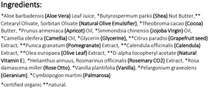 Supplement facts for Vanilla Rose Hand Cream 50ml listing ingredients including Aloe Barbadensis, Aloe Vera, Althaea officinalis, Apricot (Prunus Armenica), Cacao