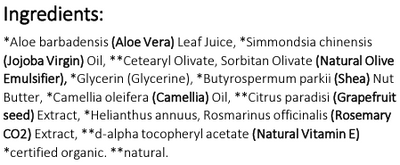 Supplement facts for Calming Face and Body Wash 250ml listing ingredients including Aloe Barbadensis, Aloe Vera, Alpha tocopheryl, Cetearyl Olivate, Glycine