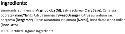 Supplement facts for Deprimere Aromatherapy Blend 10ml listing ingredients including Bergamot, Citrus Begamot Extract, Citrus sinensis, Clary Sage, Jojoba Oil