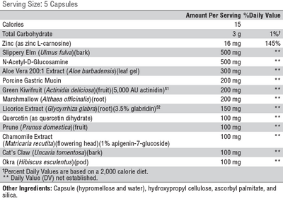 Supplement facts for GI Balance 150 Capsules listing ingredients including Aloe Vera, Althaea officinalis, Carnosine, Carnosine (L-Carnosine), Cat's claw