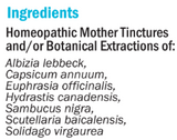 Supplement facts for hbA (Allergy) 50ml listing ingredients including Albizia julibrissin, Capsicum annum, Elderberry (Sambucus nigra)