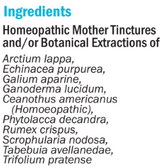 Supplement facts for hbB (Blood & Lymph) 50ml listing ingredients including Arctium Lappa, Echinacea purpurea, Ganoderma Lucidum, Reishi